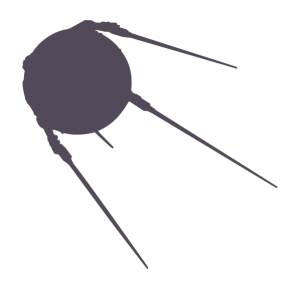 Silhouette of the Sputnik 1 satellite with a spherical body and four long, thin antennae extending outward.